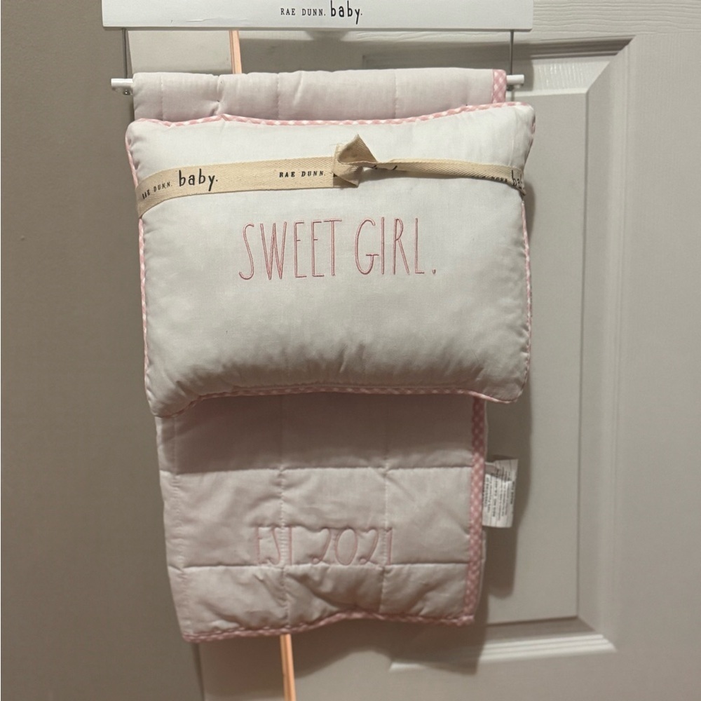 Rae Dunn Baby Pink and White Quilted Blanket and Pillow EST. 2021